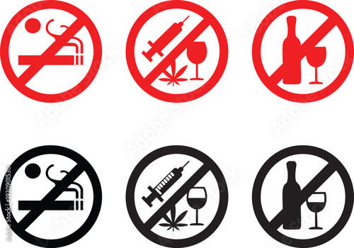 No Smoking, No Drugs, and No Alcohol Prohibition Symbols with Red and Black Designs for Health and Safety