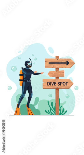 Scuba Diver Points to Dive Spot Sign Underwater Adventure Recreation