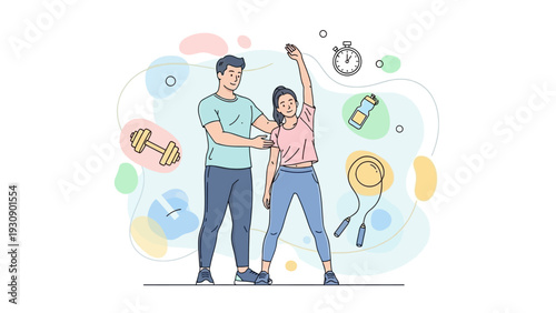 Personal trainer assists woman with her fitness workout and exercise routine.