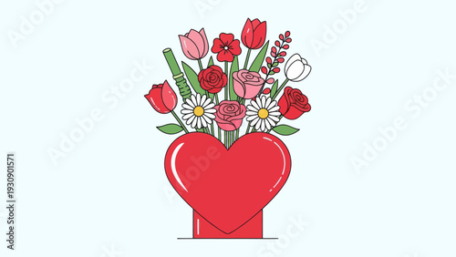 Heart shaped vase holding a bouquet of colorful flowers, symbolizing love and affection.