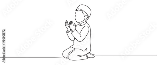 Muslim boy praying in continuous line art style, depicting a child in traditional Islamic attire performing a religious supplication.