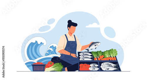 Seafood Vendor Displaying Fresh Catch Near Ocean Waves Scene