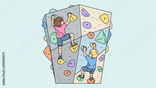 Two children climbing an indoor rock wall
