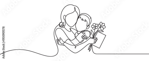 Mother and child embracing lovingly, celebrating a special bond with flowers and a gift, drawn in a continuous line art style.