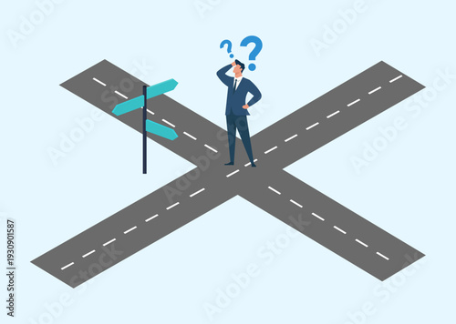 Businessman at Crossroads Confused About Which Path to Take, Decision making uncertainty, career path dilemma, strategic business choice, navigating future direction, problem solving challenge
