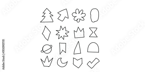 A collection of 16 simple line drawings of various shapes and symbols