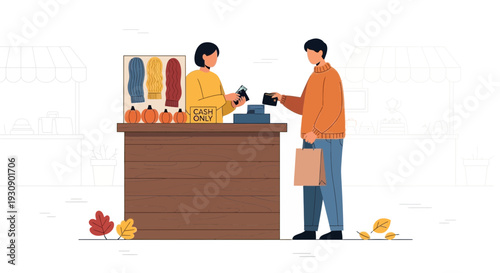 Seasonal Shopping At Outdoor Market Stall Transaction