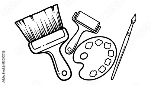 Illustration of various art and painting supplies on a white background.