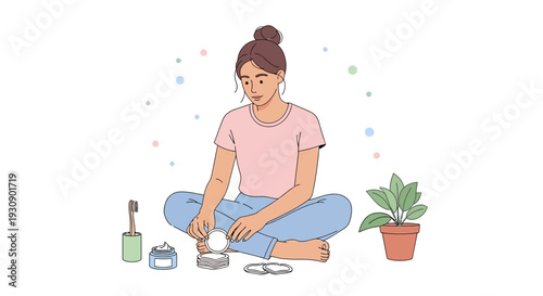 Self Care Routine Illustrated Young Woman Preparing For Bedtime