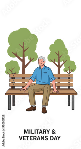 Senior Man Reflects On Military Service While Sitting On A Park Bench Honoring Veterans