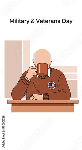 Senior Man Sips Coffee Honoring Military Veterans Day Celebration