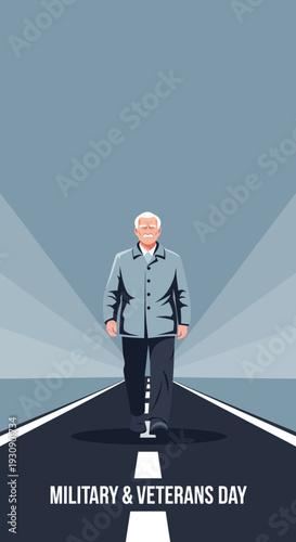 Senior Veteran Walking Towards Future On Open Road Symbolizing Hope And Remembrance