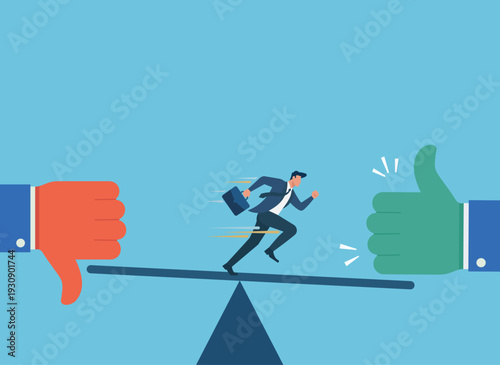 Businessman Running from Failure to Success on Seesaw, Overcoming negative feedback, transition from rejection to approval, shifting the balance to success, running towards positive results