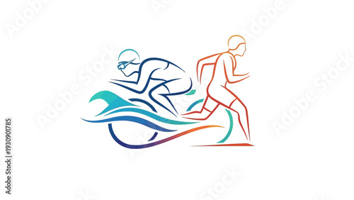 Triathlon athletes swimming, cycling, and running in a stylized illustration.