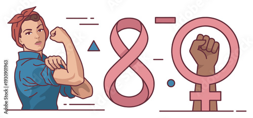 Strong woman, ribbon number eight, and female symbol with a raised fist representing women's empowerment, solidarity, and International Women's Day.