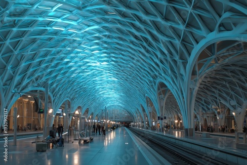 Bright blue lights illuminate a modern train station with a unique ceiling structure where people wait for trains