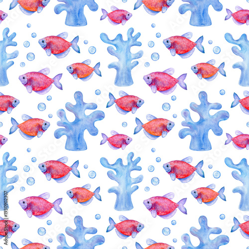 Red fish and corals, watercolor seamless pattern. Marine theme, undersea world. For fabric, wrapping paper, packaging, scrapbooking.