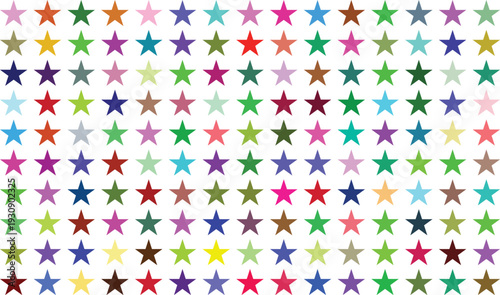 A delightful arrangement of many small colorful stars forming a repetitive pattern on a clear white canvas