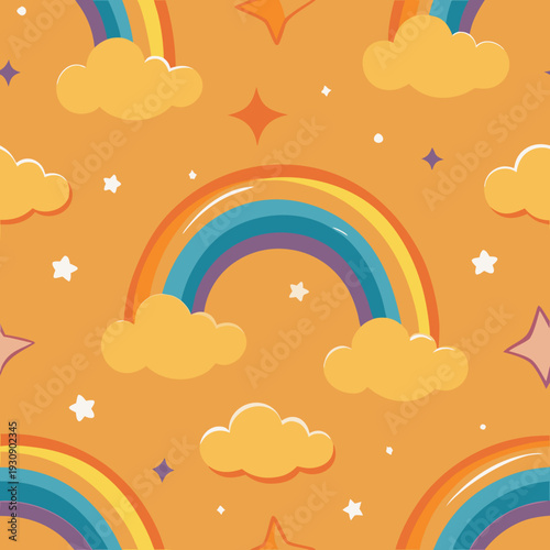 Vibrant cartoon rainbow pattern with fluffy clouds and stars on orange background, whimsical design for kids, cheerful and playful texture, colorful illustration for nursery or children's room decor