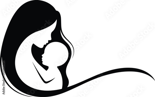 Mother and baby silhouette illustration, maternal love and care concept, breastfeeding bond symbol, black minimalist vector design isolated