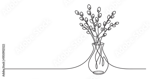 Pussy willow branches in a vase drawn with a single continuous line art style, symbolizing spring and renewal.