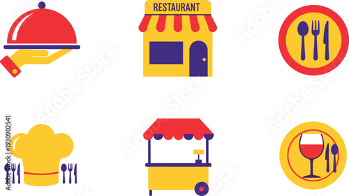 Restaurant and Food Service Icon Set with Chef Hat Serving Tray Food Truck and Dining Symbols for Cafes Menus Apps and Flat Vector Designs