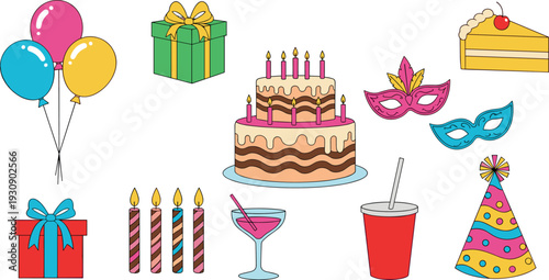 Party Celebration Icon Set with Birthday Cake Balloons Gifts Masks Drinks Candles and Hats for Events Invitations and Colorful Flat Vector Designs