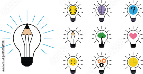 Light bulb with pencil and various symbols inside representing ideas and concepts