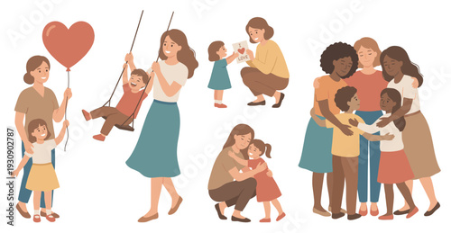 Happy diverse women and children enjoying various loving family moments together, celebrating joy, connection, and maternal bonds.