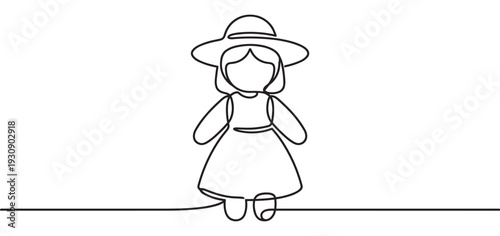 Little girl wearing a hat and dress is depicted in a minimalist continuous line art style, symbolizing simplicity and childhood.