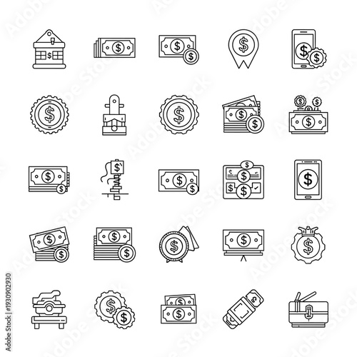 A collection of line art icons representing various financial and business concepts, including money, banking, and digital transactions.