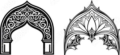 Islamic arch designs with intricate patterns and floral motifs side by side