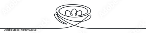 Continuous line drawing bird nest symbol of new life and family care, representing protection, growth, and security.