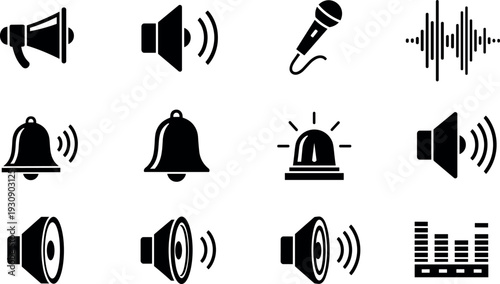 Sound and Audio Notification Icon Set with Speaker, Microphone, Bell, Siren, and Equalizer Symbols for Alerts, Media Control, and UI Designs