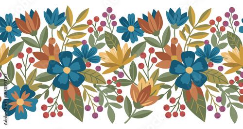 Stylized floral border pattern featuring colorful flowers, leaves, and berries in a charming decorative arrangement.