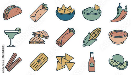 Mexican food icons collection featuring popular dishes, ingredients, and beverages in a vibrant flat design style.