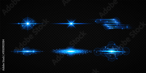 Colorful Star Light Effect Collection with Blue, Golden, and Yellow Glowing Starlight Sparkle Rays and Lens Flare Illumination on Transparent Background