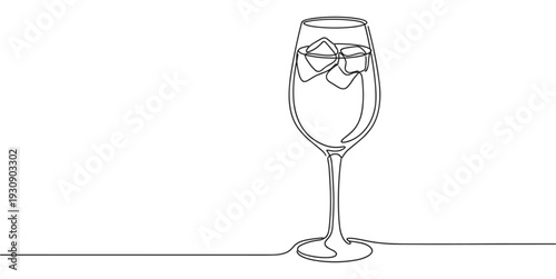 Wine glass with ice cubes is a minimalist continuous line drawing representing a refreshing beverage in an elegant style.