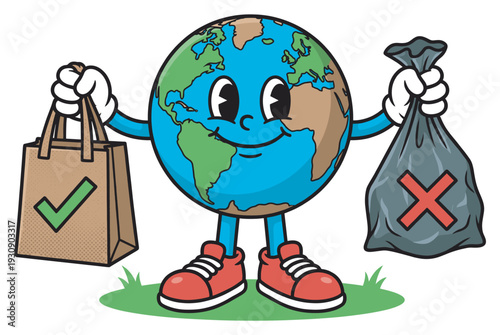 Cartoon Earth character holds reusable bag and trash, promoting eco-friendly choices and responsible waste management.