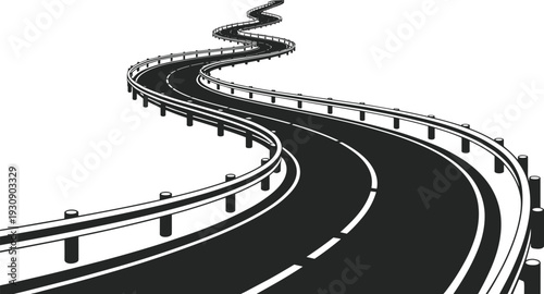 Winding highway road perspective illustration, curved asphalt route isolated on white background minimalist black vector design for transportation