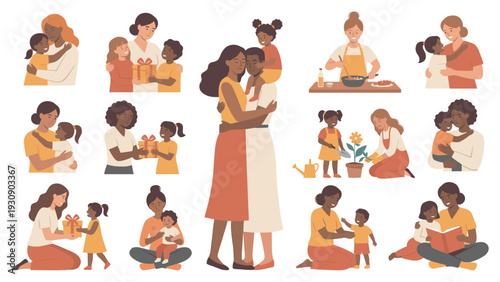 Diverse mothers and children sharing heartwarming moments together, showcasing the beauty of family bonds, care, and everyday life.