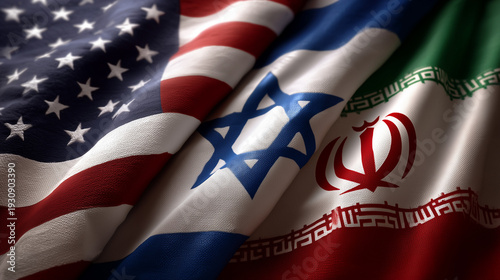 three flags waving together: usa israel iran flag