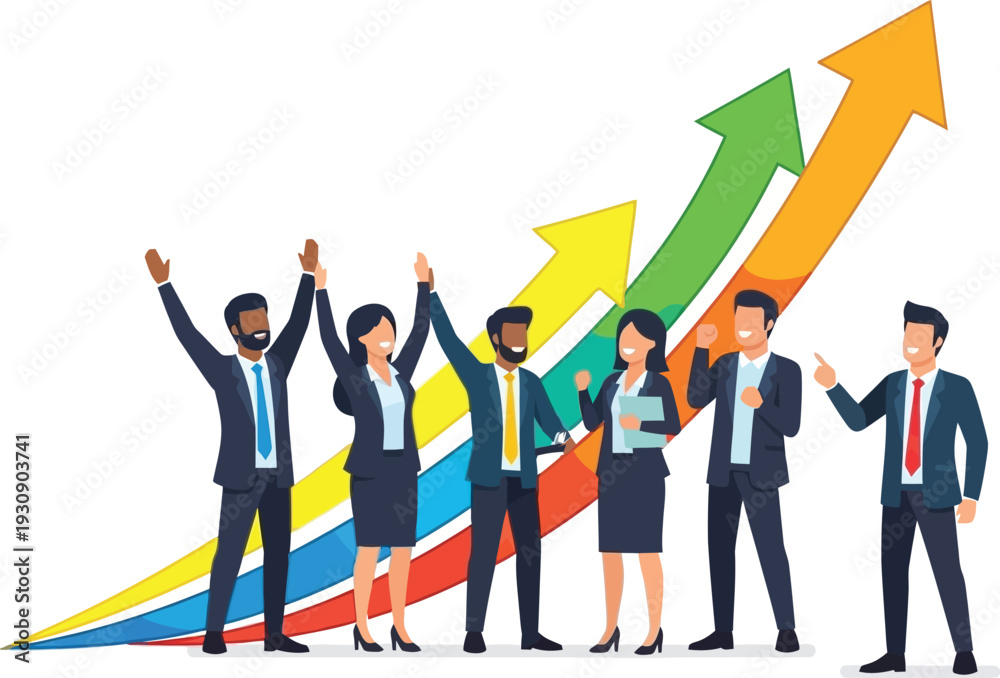 Fototapeta premium Successful business team celebrates achievement and upward growth with.