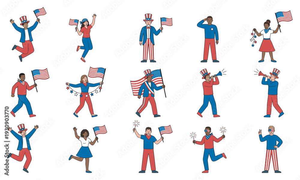 Fototapeta premium Diverse people celebrating American holidays with flags and sparklers, expressing patriotism and national pride in various joyful poses.