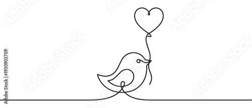 Minimalist continuous line art illustration of a bird holding a heart-shaped balloon string with a simple elegant design.