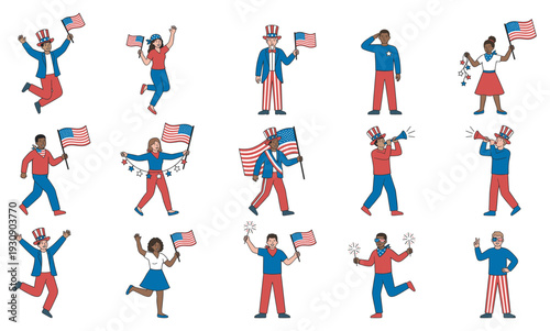 Diverse people celebrating American holidays with flags and sparklers, expressing patriotism and national pride in various joyful poses.