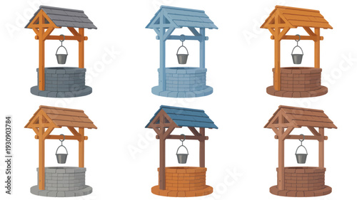 Set of six vintage wells with buckets and roofs, illustrated in various colors grey, blue, orange, and brown, on a white background