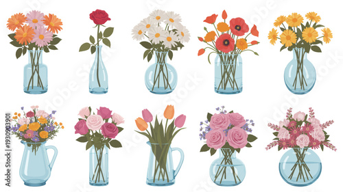 A collection of minimalist vector illustrations of assorted flowers in vases, showcasing a variety of floral arrangements and colors