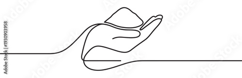 Hand holding granular substance in a continuous line art style illustration, symbolizing care, giving, and sustainability.