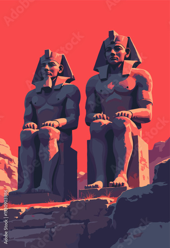 massive seated statues Abu Simbel, simplified into imposing, blocky guardians Deep black shadows across faces Solid red background Intense, authoritarian aesthetic Room copy
